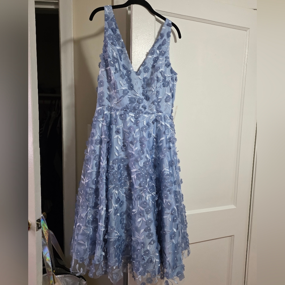 Eliza J Fit & Flare Dress in Soft Blue with Floral Details